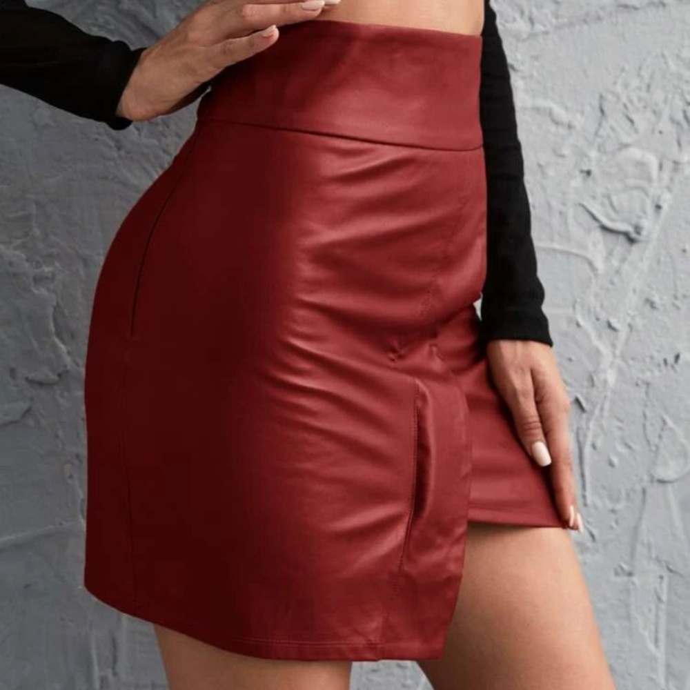 Wide Waistband Asymmetrical Leather Skirt